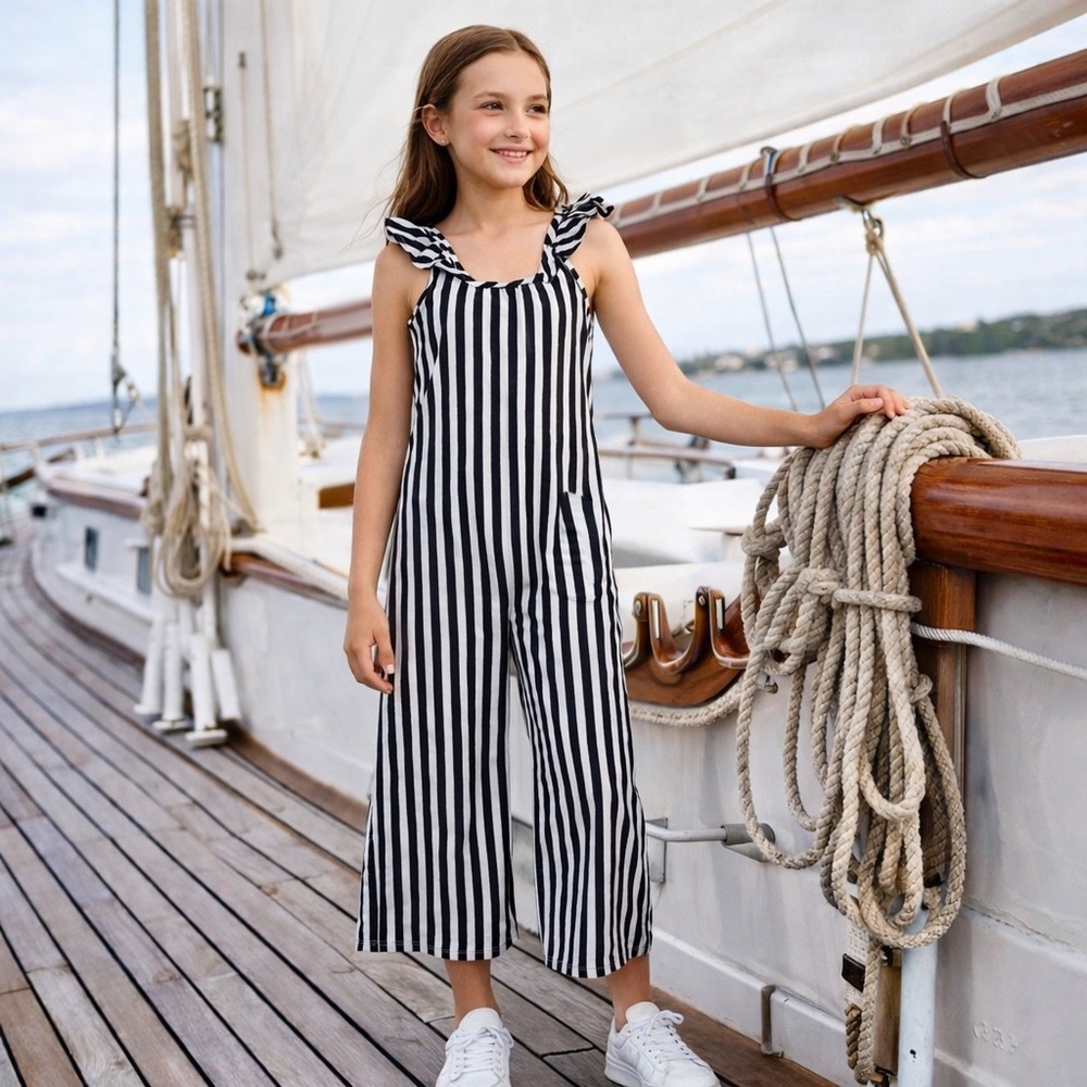 Mayoral Kids' Sleeveless Ruffle Stripe Printed Tie Back Jumpsuit Multi Size 16